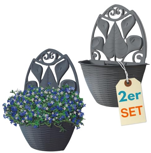 GarPet 2er Set Blumentopf Wand Blumentopf Wandmontage Wandblumentopf Wandvasen für Pflanzen Pflanzen Wandhalterung Wandtopf Außenbereich 32 cm Anthrazit Rattan Optik