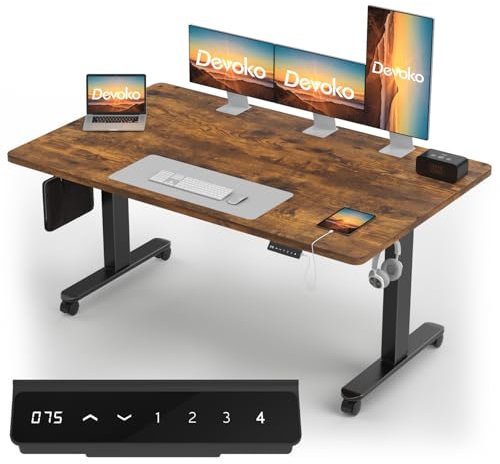 Devoko Höhenverstellbarer Schreibtisch mit 2 Motoren，25mm Einteilige Tischplatte, 160x80 cm Mobiler Elektrisch Computertisch mit Kabel Management, Vintagebraun - Perfekte Ergonomie für Dein Büro
