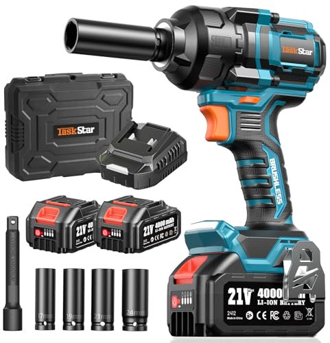 TaskStar Cordless Impact Wrench, 1200N·m(900ft-lbs) Brushless High Torque Impact Gun, 1/2 Inch Electric Impact Driver, 2x4.0Ah Batteries, Charger & 4 Sockets, Variable Speeds for Car/Truck RV/Mower