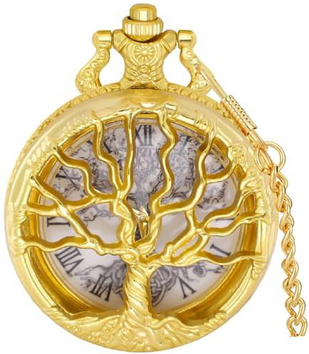 Tiong Montre de poche à quartz avec pendentif arbre de vie et chiffres romains et arabes pour homme et femme, 48-or, Classique