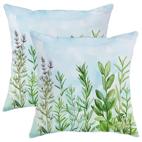 Juego de 2 fundas de almohada de jardín de hierbas, funda de cojín botánica verde lavanda, fundas de cojín cuadradas decorativas para el hogar, sofá, cama, sofá, 20 x 20 pulgadas