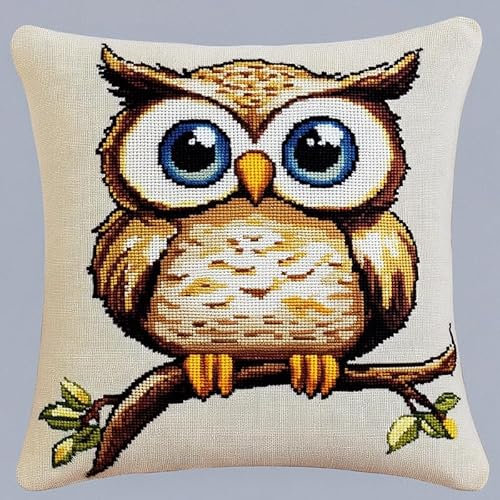 XDEGHUANGSS Latch Hook Kit Komplettset,Knüpfteppich Set mit bedruckter Canvas,43x43 cm,DIY Webrahmen für Erwachsene & Anfänger,Handarbeit Geschenkidee,Cartoon-Eule