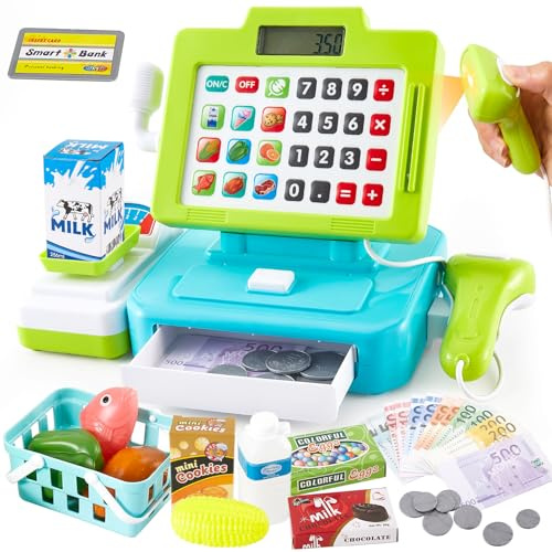 LINFUN KIDS Caja Registradora Juguetes con Nicrofono y Sonido Juguete de Supermercado Tienda Juego de rol Regalos para Niños de 1 2 3 Año Verde