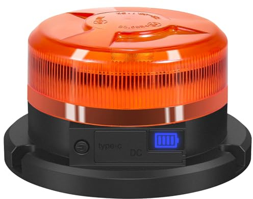 AnTom Rundumleuchte Akku mit Akkustandanzeige 9 Blitzmuster LED Rundumleuchte 12V Magnet Warnleuchte Gelb Autoladekabel und USB-Kabel für Auto Traktor SUV