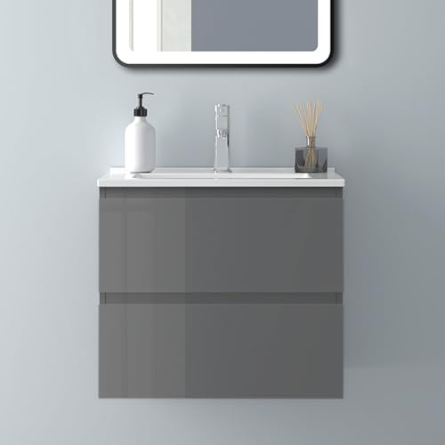 Biubiubath Badezimmermöbel 60cm Dünn Keramik Waschtisch mit Unterschrank Badmöbel Set Badezimmerschränke mit 2 Soft-Close Schubladen Hochglanz Dunkelgrau