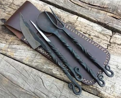 Chilgoza Hand Forged Silverware Set with Leather Cover- Medieval 4 Pcs Kitchen Utensils Set, Viking Cutlery Set, Viking Cutlery Set Knife Spoons and Forks Set- Dinnerware Sets (Black)