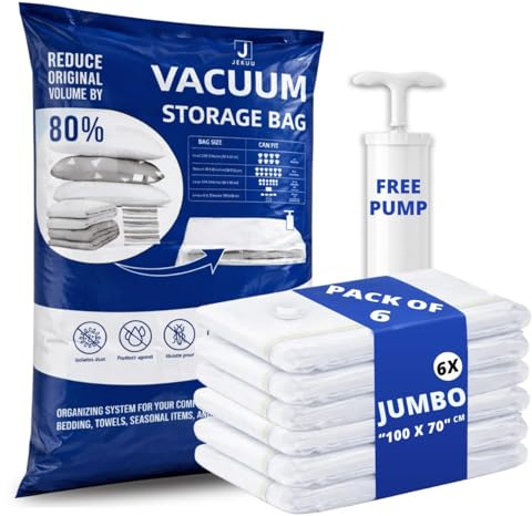 JEKUU Pack of 6 (Jumbo) Space Saver Vacuum Storage Bags with Hand Pump & Airtight Valve, Vacuum Compression Bags for Clothes, Bedding, Travel, Suitcase Storage, Duvets (6, Jumbo)