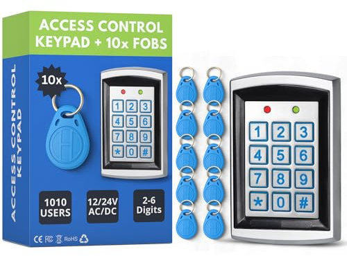 SecureMyDoor Access Control Proximity Keypad, 10x RFID Proximity Fobs | Indoor & Outdoor Use, 12-24V, Die-cast Aluminum, Stores 1000 Cards and Pins, Backlit Keys, IP65 Weather Resistant