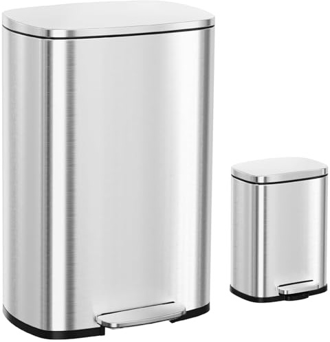 Clevich Lot de 2 poubelles à pédale de 50 l et 5 l, en métal, avec couvercle à fermeture douce, seau intérieur amovible, grande poubelle de cuisine et petite poubelle à pédale, rectangulaires, argenté