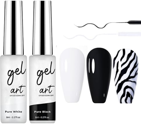 White Gel Nail Polish Liner & Black Gel Nail Polish Liner - 2 Colors French Nail Art Kit - French Manicure Nail Polish Set - Soak Off gel Polish liner Set - UV Shellac Colour For Fineliner Women DIY