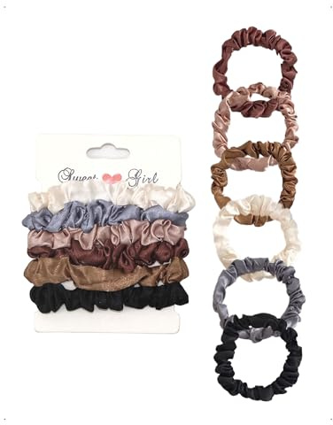SanKristo 12 Coleteros gomas satén el pelo mujer, finas suaves elásticas no dañan cabello reducen encrespamiento y la rotura lujosas kitsch accesorio retro Sleepy Tie regalo niñas, seis colores