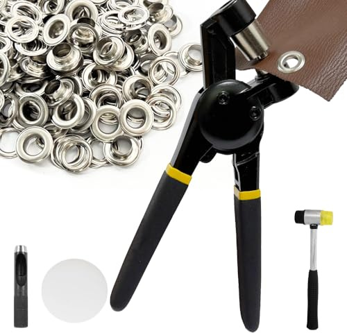 Foxellent Grommet Tool Kit, 3/8 Inch Handheld Press Pliers with 500 Pcs 10mm Magnetic Grommets, Mini Hammer & Practice Leather for Tarp Fabric