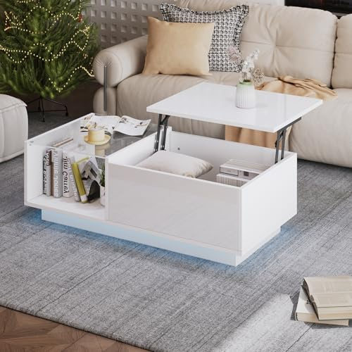 OKMYHOME Table Basse Relevable avec LED, Blanche, 100 × 50 cm