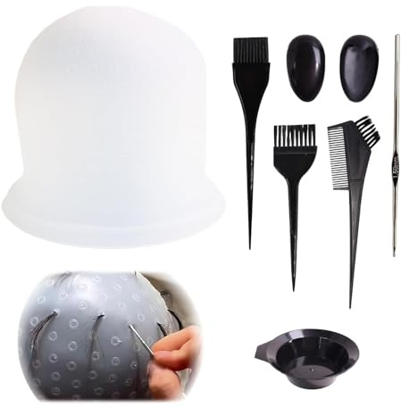Silikon Highlight Kappe, Silikon Strähnenhaube mit Löchern, Wiederverwendbares Highlight Set mit Häkelnadel und Haarfärbepinseln, Zubehör zum Haare Färben, Blondieren und Strähnen Selber Machen