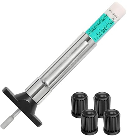DOETYD Medidor profesional de profundidad de banda de rodadura de neumáticos con 4 tapas de neumáticos, diseño codificado por colores de 6 lados, escala dual (1/32 pulgadas y 25 mm) para una medición