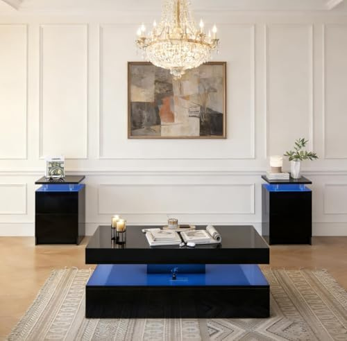 Nordivale 3-Piece Modern Black Living Room Set, LED Lighted Coffee Table + 2 End Tables with Storage Drawers, Black