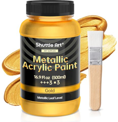 Shuttle Art Gold Acrylfarbe, Acrylfarbe Gold (500ml, 16,9oz) mit 1 Pinsel, Metallic Acrylfarben Set für Kinder, Erwachsene zum Basteln, Malen, Dotting auf Leinwand, Holz, Stein, Halloween, Goldfarbe