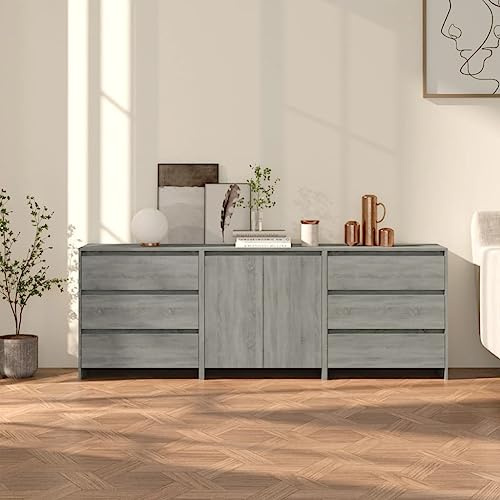 QUAHEAS 3-TLG. Sonoma-skänk grå trämaterial med dörrar och lådor, förvaringsmöbler för vardagsrum, matsal, köksbuffé, praktisk förvaring, modern design