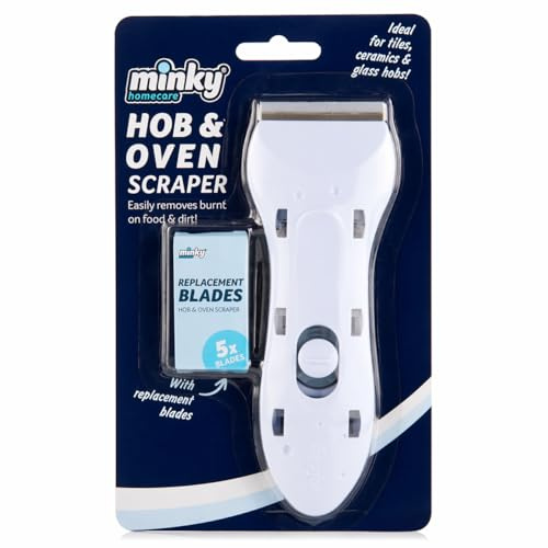 Minky Hob & Oven Scraper Cleaner with 5 Replacement Blades – Glass Ceramic Hob Scraper Tool for Cooktop, Oven & Stove, Removes Burnt Food Grease Residue, Easy Grip Cleaning Tool