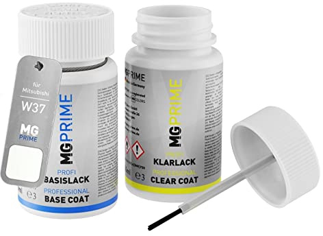 MG PRIME Autolack Lackstift für Mitsubishi W37 Polar White Solid + Klarlack | Anden Weiss, Set aus Basislack + Klarlack, Lackfläschchen mit Pinsel, je 50ml