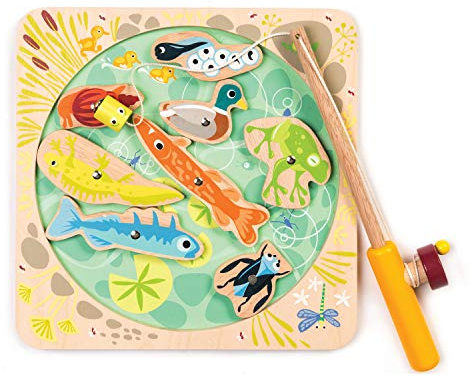 Tender Leaf Toys - Pond Dipping - Wooden Magnetic Fishing Toy for Kids - Length Adjustable Fishing Rod and 8 Pond Animals with Numbers at the Back - Develops Fine Motor Skills, Early Learning - Age 3+