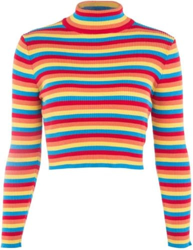 DSXH Pull Court à Manches Longues et col roulé pour Femme Motif Rayures Arc-en-Ciel