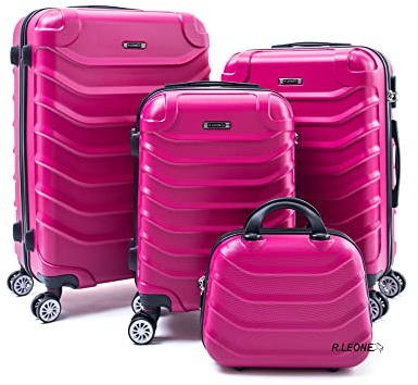 R.Leone Valigia da 1 pezzo Fino a Set 4 Trolley Rigido grande, medio, bagaglio a mano e beauty case 8 ruote in ABS 2026 (Fucsia, Set 4 XXS S M L)