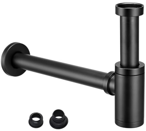 Wasserrhythm Flaschensiphon Siphon für Waschbecken Waschtisch, Geruchsverschluss mit Reinigungsöffnung, Röhrenlänge & Höhe verstellbar, mit Gummimanschette, 1 1/4 Zoll Gewindeanschluss, Schwarz
