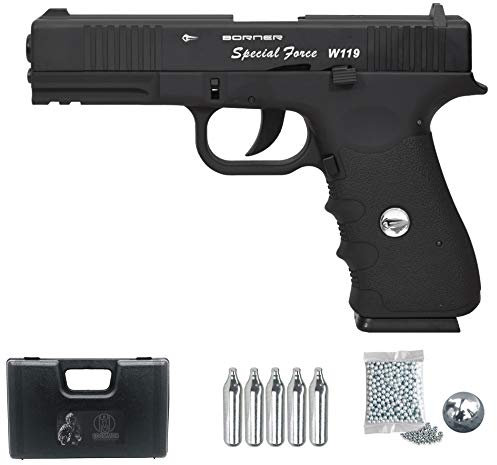 Borner W119 | Pistola de balines (Bolas bb's de Acero) Sistema blowback Tipo Glock 17 + maletín y Accesorios