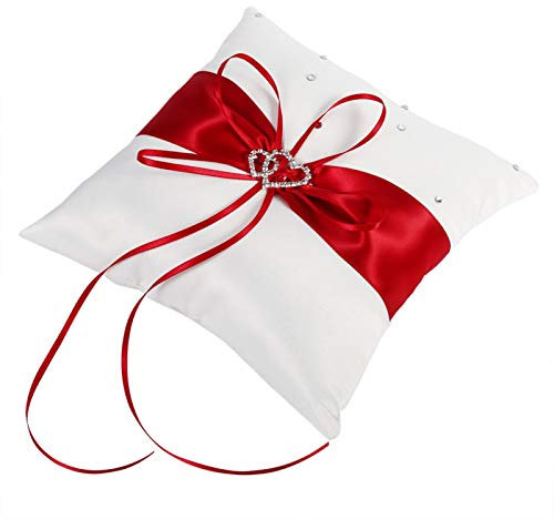 Cuscino per Fedi Nuziali, Cuscino per Fedi Matrimonio, 20 * 20cm Cuscino per Anello Nuziale con Fiocco in Raso con Diamanti a Doppio Cuore per Accessori per Matrimonio (Rosso)