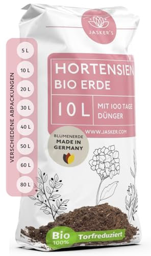 JASKERS® Hortensienerde | Perfekte Blumenerde für weiße und rosafarbene Hortensien | Pflanzenerde mit Wurzelaktivator & Dünger | Nährstoffreich & In Deutschland Abgefüllt | 10L