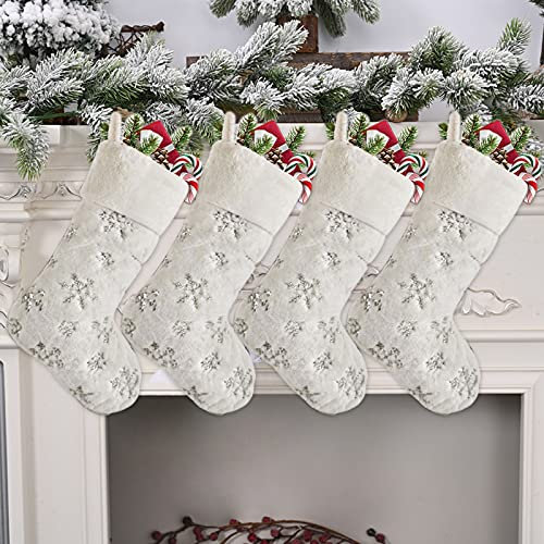 Nikolausstiefel 4er Set, Weihnachtsstrumpf Kamin,Personalisierte PlüSchstickerei Nikolausstrumpf, Weihnachten Deko, GeschenktüTen Weihnachten Baumschmuck, Weihnachten Deko Amerikanisch (Silber)