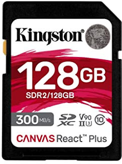 Kingston Canvas React Plus 128GB SDXC Speicherkarte UHS-II 300R/260W U3 V90 für Full HD/4K/8K - SDR2/128GB