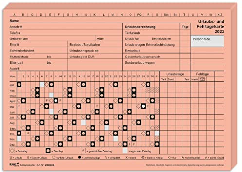 RNKVERLAG 2900/23-10 - Urlaubs- und Fehltagekarte 2023, mit grafischer Darstellung, DIN A5 quer, Karteikarton, 10 Stück
