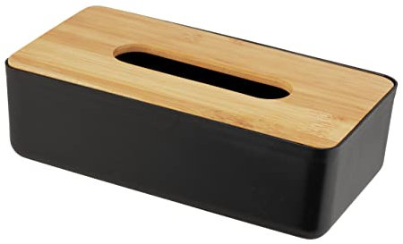 WENKO Kosmetiktuchbox Mod. Rotello, Box für Kosmetiktücher oder Taschentücher, Deckel aus Bambus, 24 x 7,5 x 12,7 cm, Schwarz/Natur