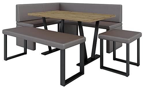 Eckbank Akiko Metal mit Tisch und Bänken - Eckbankgruppe für Ihrem Esszimmer, Küche modern, Sitzecke, Essecke. Perfekt für Küche, Büro und Rezeption. Solide Verarbeitung (Soft 30, 196x142 Links)