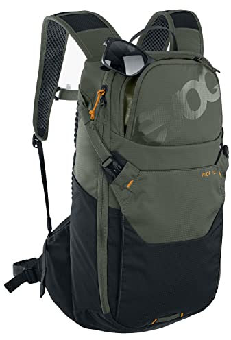 EVOC RIDE 12 Protektor Fahrradrucksack, Trekkingrucksack für Trails & Alltag (cleveres Taschenmanagement, AIR-PAD-Rückenpolsterung, Helmhalterung, Backpack), Dunkeloliv/Schwarz