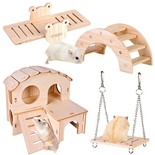 Giocattoli Per Criceti in Legno, 4 Pezzi Giocattoli Da Masticare Per Criceti, Accessori Criceto in Legno Per Criceti, Coniglietti, Gerbilli, Porcellini D'india, Cincillà, Gabbia Per Criceti Fai-da-te
