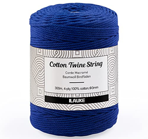 300 m Cordón de Algodón,3mm Natural Cuerda de algodón Trenzado,Cuerda de Madera para decoración,macramé atrapasueños Manualidades artesanía Bricolaje Agujas de Tejer y Crochet,Bleu Oscuro