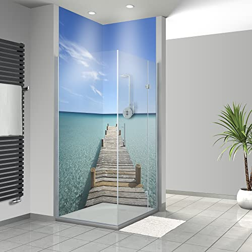 WANDFREUDE individuelle Duschrückwand Aluverbundplatte auf Maß (2 Stück - Steg ins Meer - Premium Matt Lack) – Dusche Wandverkleidung Duschwandverkleidung Duschrückwände
