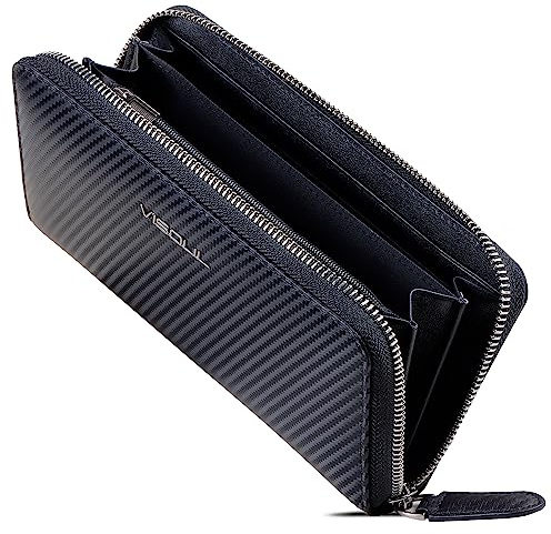 VISOUL Portafoglio Lungo da Uomo in Vera Pelle con Cerniera, Portafoglio da Uomo in Pelle di Grande Capacità con Blocco RFID, Portafogli Lungo in Contanti con 12 Porta Carte di Credito (Nero+Nero)