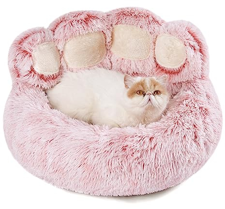 Jiupety Round Katzenbett Flauschig von Pfote Form, Donut-Hundebettn Katzenbetten, Hundebett Kleine Hunde Größe 56cm, Cat Bed Bequem und Weich, Katzenbett Waschbar, Rosa
