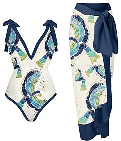 Generico Pareo Mare Lungo Costume da Bagno Donna 1 Pezzo + 1 Pezzo Cover UP Costume da Bagno in Due Pezzi con Stampa Vintage Monokini Bikini Costume da Bagno in 2 Pezzi Set Tankini in Due Pezzi