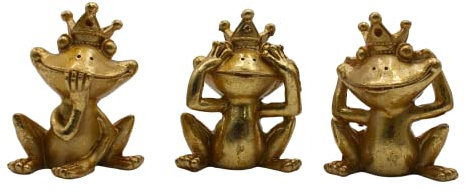 Dekohelden24 Deko-Frösche im 3er Set - Nicht sehen, Nicht hören, Nicht sprechen, aus Polyresin, Froschkönig in Gold, Größe: L/B/H 3 x 6 x 8 cm