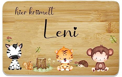 Bl4ckPrint Kinder Frühstücksbrettchen personalisierbar mit Name - Jausenbrett mit Gravur - Frühstücksbrettchen Kinder - Individuelles Holzbrettchen mit niedlichem Tiermotiv & Namen