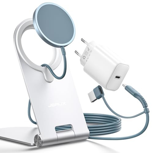 JSAUX Mag-Safe Ladestation iPhone, 15W Schnelles Wireless Charger mit 20W PD Adapter und Metallständer Kompatibel mit MagSafe-Ladegerät, iPhone 17 Air Pro Max/iPhone 16/15/14 13 12 Serie, Blau