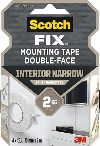 Scotch-Fix Double-Sided Foam Tape for Trim, Indoor Use - 4 Rolls, 10mm x 2m - No Need for Nails, Screws or Glue - Holds up to 2 kg