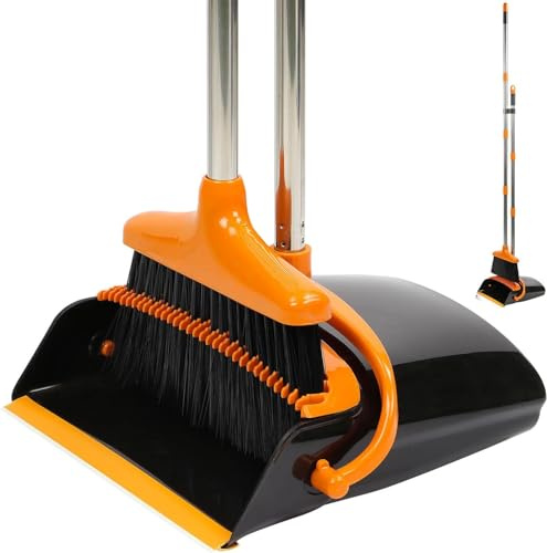 Extendable Dustpan and Brush Set - Long Handled Household Dust Pan Combo - 130cm Handle for Outdoor and Indoor Household Cleaning and Sweeping - Extendable Pole (Black/Orange)