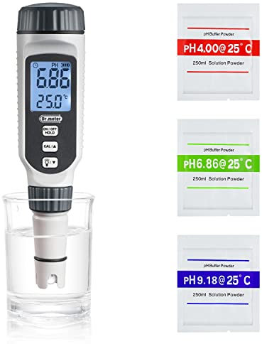 PH Messgerät, Dr.meter PH Messgerät Wasser 0.01Hochpräziser PH Wert Messgerät mit Alarm-LCD-Display und Automatische Temperatur Kompensation für Wasser, Aquarium, Teich, Pool mit Kalibrierpulver