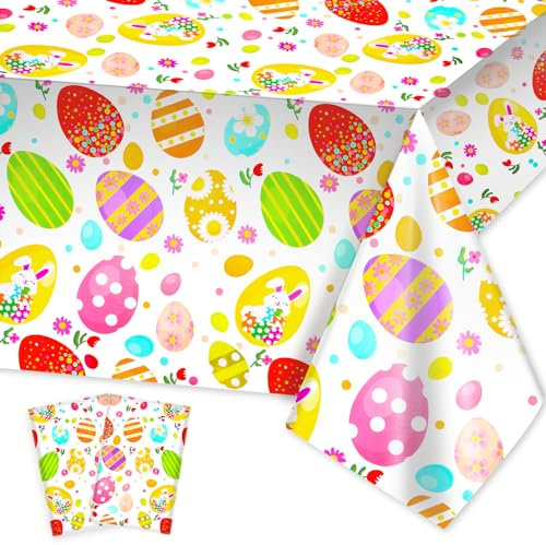 HOWAF 2 PCS Easter Table Cloth, Easter Tablecloth Plastic Easter Table Cloths Easter Egg Easter Bunny Waterproof PVC Rectangle Easter Table Cover for Easter Decorations Easter Table Decorations